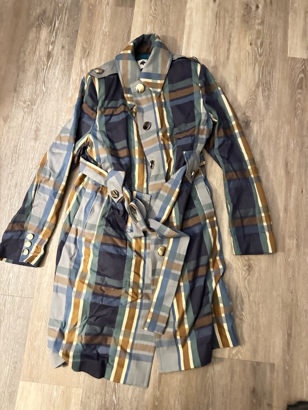 CAbi Teal Lined Plaid Jacket with Mustard Accents